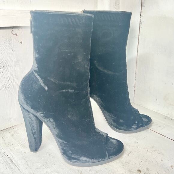 Balmain Paris Velvet Pull On Mid-Calf Peep Toe Block Heel Boots Black Women 40/9 - Picture 4 of 5